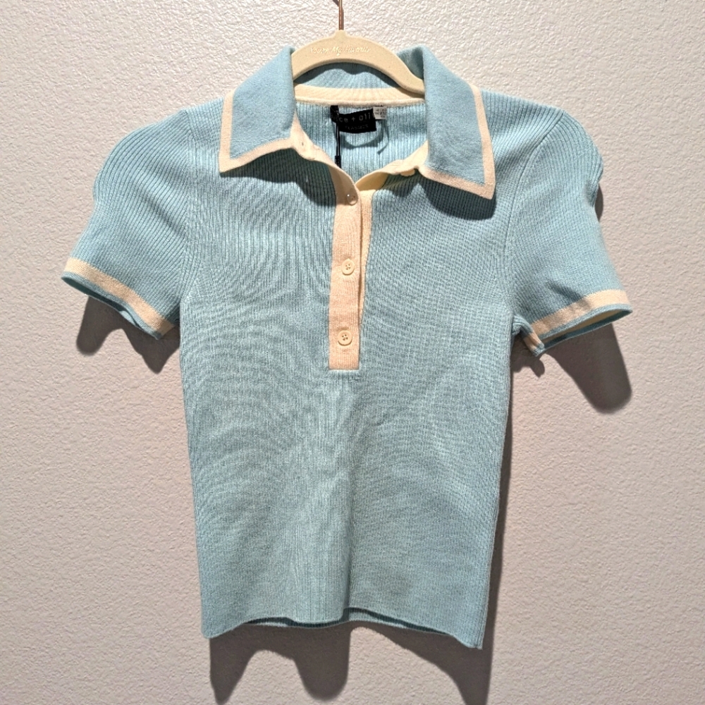 Alice + Olivia Cream and Blue Polo Top